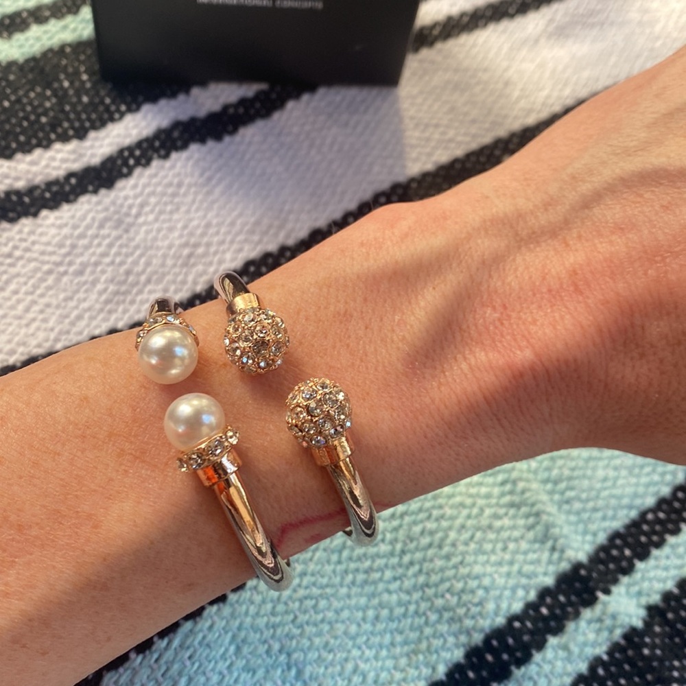 New, set of hinged bangle bracelets, faux pearl, CZ, rose gold